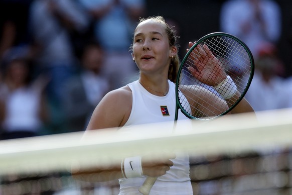 epa12223024 Mirra Andreeva of Russia celebrates winning her Women&#039;s Singles Round of 16 match against Emma Navarro of the US at the Wimbledon Championships, Wimbledon, Britain, 07 July 2025. EPA/ ...