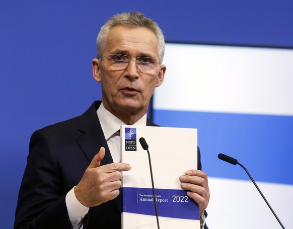 epa10534977 NATO Secretary General Jens Stoltenberg gives a press conference to present his annual report for 2022, at NATO Headquarters in Brussels, Belgium, 21 March 2023. EPA/OLIVIER HOSLET
