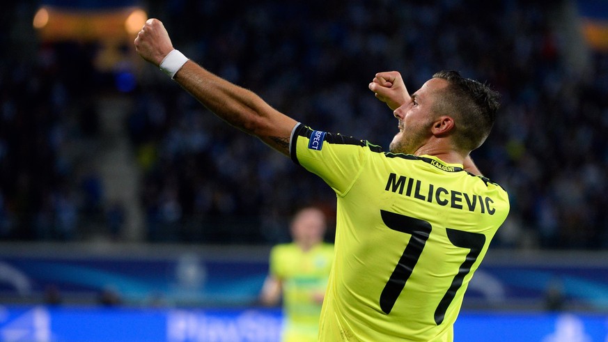 Gent, 16.09.2015 - Fussball UEFA Champions League, KAA Gent - Olympique Lyonnais, Danijel Milicevic (Gent) jubelt nach seinem Tor zum 1:1 - Foto: Jimmy Bolcina/Photo News/Panoramic (EQ Images) SWITZER ...