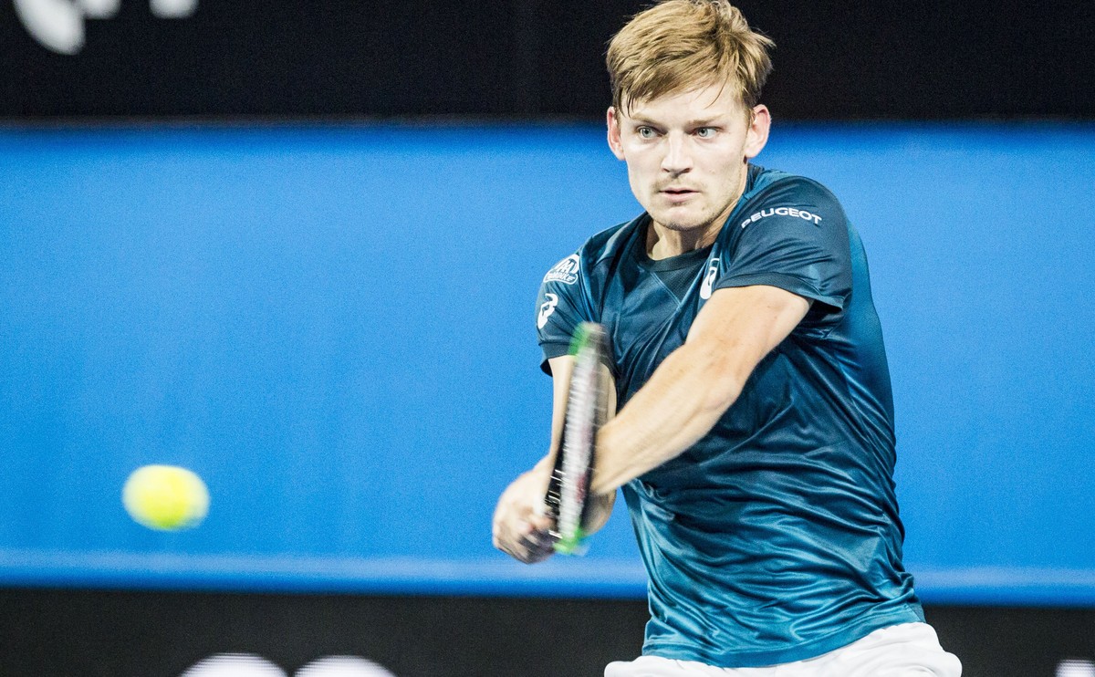 epa06414803 David Goffin of Belgium in action during his men's singles match against Thanasi Kokkinakis of Australia at the Hopman Cup tennis tournament in Perth, Western Australia, Australia, 03 ...