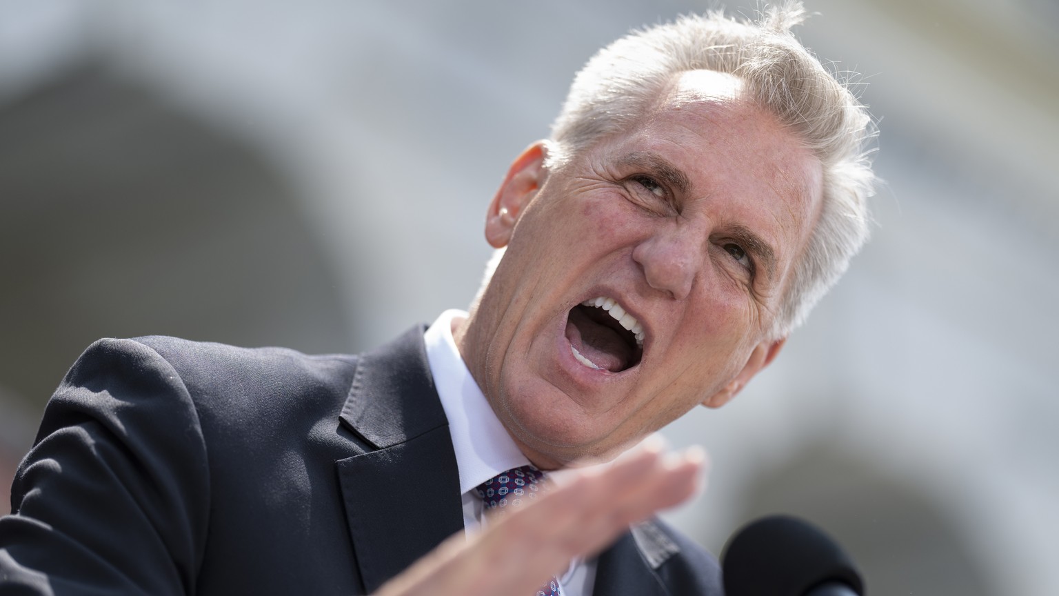 FILE - House Speaker Kevin McCarthy, R-Calif., criticizes President Joe Biden's policies and efforts regarding debt limit negotiations as he holds a news conference at the U.S. Capitol in Washington…