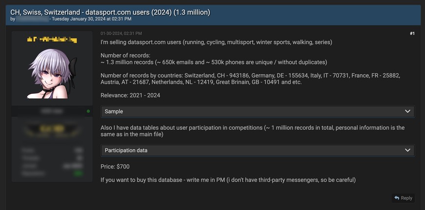 Screenshot zum Hackerangriff auf Datasport. Unbekannte bieten 1,3 Millionen Datensätze in einem Hackerforum zum Kauf an.