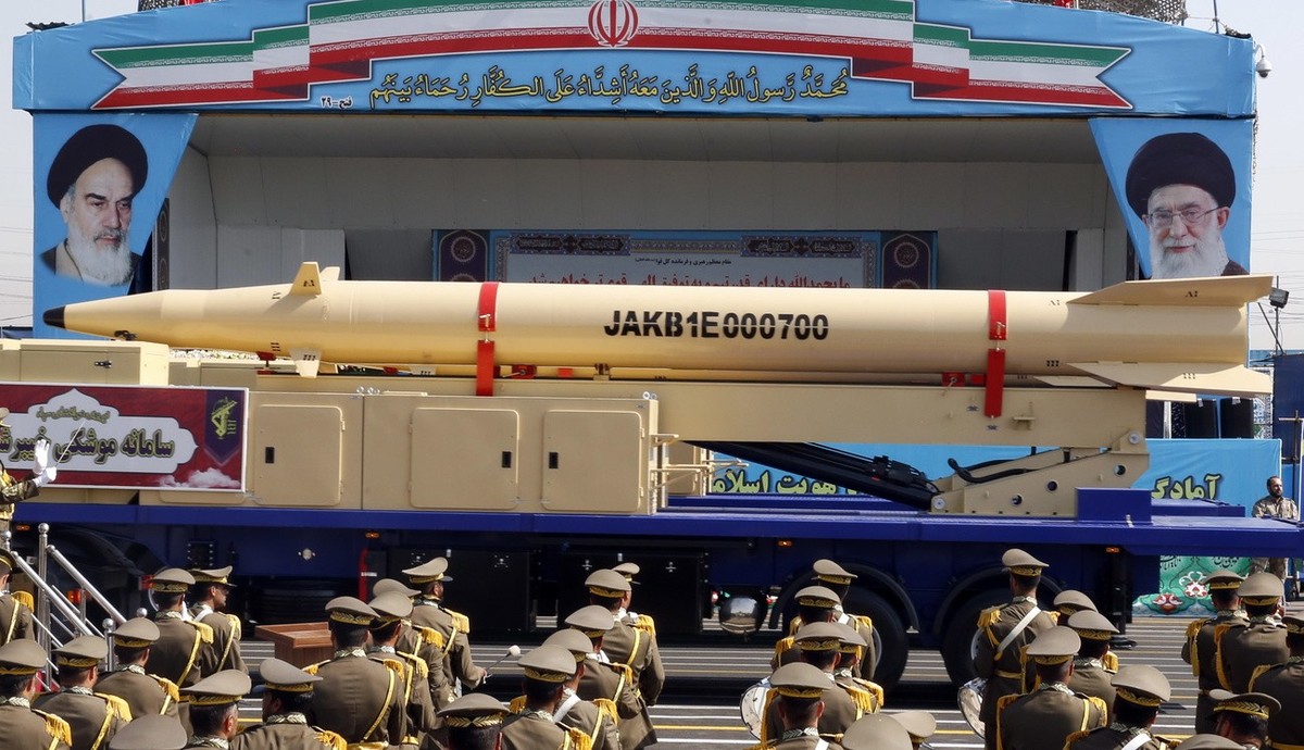 epa10199015 Iranian missile Kheybar-Shekan on display during the annual military parade marking the Iraqi invasion in 1980, which led to an eight-year-long war (1980-1988), in Tehran, Iran, 22 Septemb ...