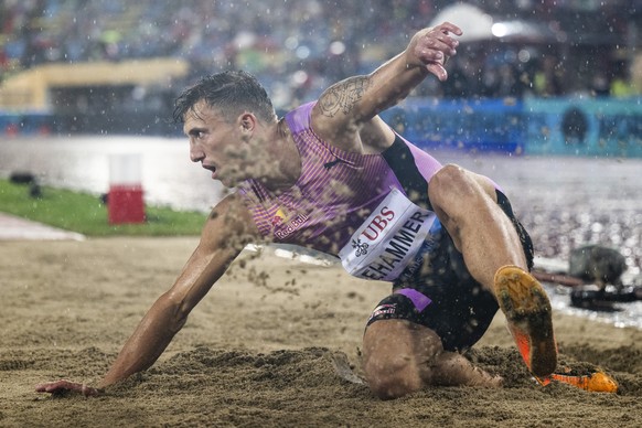 Simon Ehammer of Switzerland in action during the Long Jump competition during the 50th edition of the World Athletics Diamond League Athletissima athletics meeting at the Stade Olympique de la Pontai ...