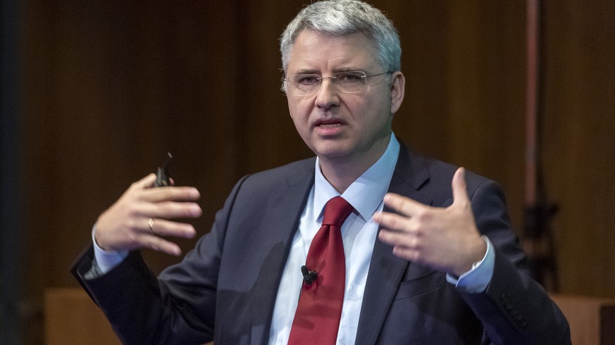 Severin Schwan, CEO of Swiss pharmaceutical company Roche Holding AG, speaks during the annual results media conference at the Roche Tower in Basel, Switzerland, on Thursday, January 30, 2020. (KEYSTO ...