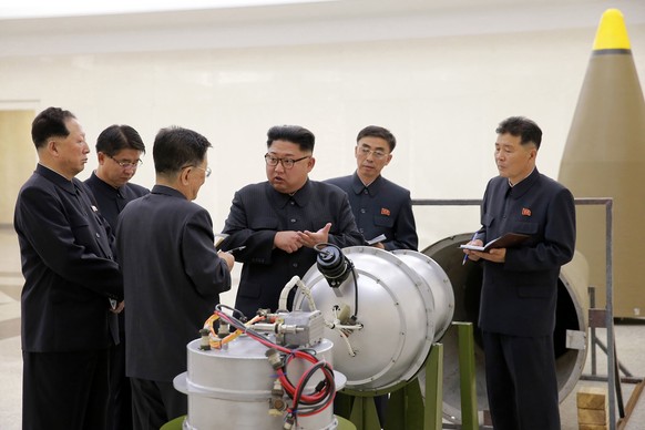 In this undated image distributed on Sunday, Sept. 3, 2017, by the North Korean government, shows North Korean leader Kim Jong Un at an undisclosed location. North Korea’s state media on Sunday, Sept  ...