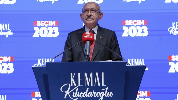 Turkey's main opposition Republican People's Party, CHP, leader and Nation Alliance's presidential candidate Kemal Kilicdaroglu speaks at CHP headquarters, in Ankara, Turkey, late Sunda ...