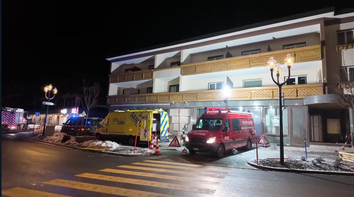Rescuers in the area where a fire broke out leaving people dead and injured, during New Years celebration, in Crans-Montana, Swiss Alps, Switzerland, Thursday, Jan. 1, 2026. (Police Cantonale Valaisa ...