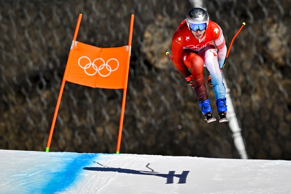 Marco Odermatt of Switzerland competes in men&#039;s downhill training at the at the 2022 Olympic Winter Games in Yanqing, China, on Thursday, February 3, 2022. (KEYSTONE/Jean-Christophe Bott)..