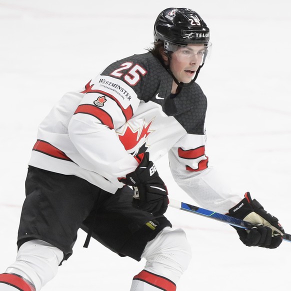 Canada&#039;s Owen Power in action during the Ice Hockey World Championship final match between Finland and Canada at the Arena in Riga, Latvia, Sunday, June 6, 2021. (AP Photo/Sergei Grits)
