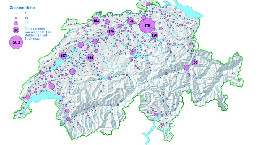 Die geografische Verteilung der in der ZHAW-App verzeichneten Zeckenstiche der Jahre 2015 und 2016. Viele Siedlungsgebiete sind betroffen.
© zVg.