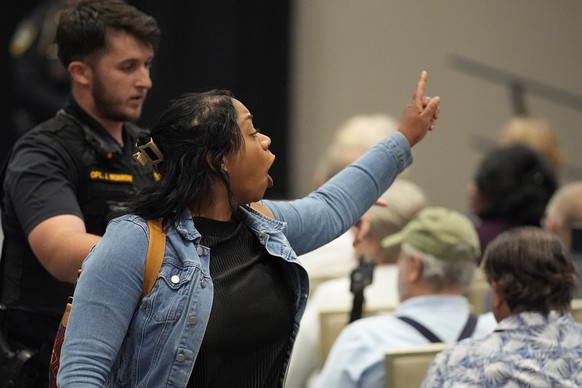 A protester is removed as Rep. Marjorie Taylor Greene, R-Ga., speaks during a town-hall style meeting, Tuesday, April 15, 2025, in Acworth, Ga. (AP Photo/Mike Stewart)
Marjorie Taylor Greene Georgia