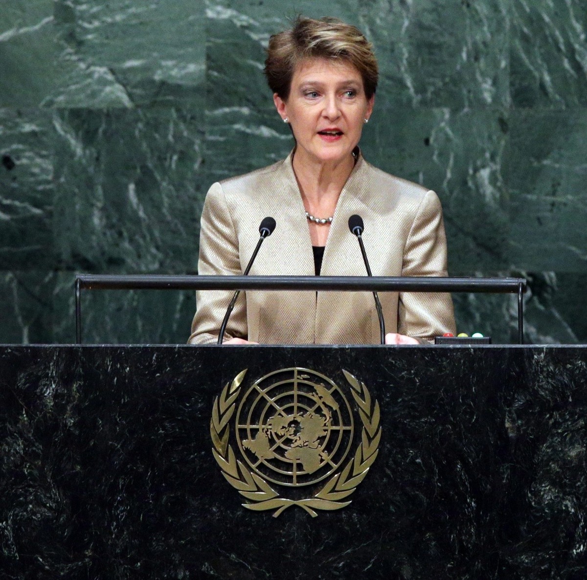 epa04955041 President of the Swiss Confederation Simonetta Sommaruga delivers her address during the 70th session General Debate of the United Nations General Assembly at United Nations headquarters i ...