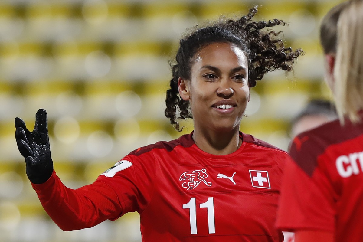 Switzerland's Coumba Sow celebrates after scoring her side's third goal during the Women's World Cup 2023 Group G qualifying soccer match between Lithuania and Switzerland at LFF stadiu ...