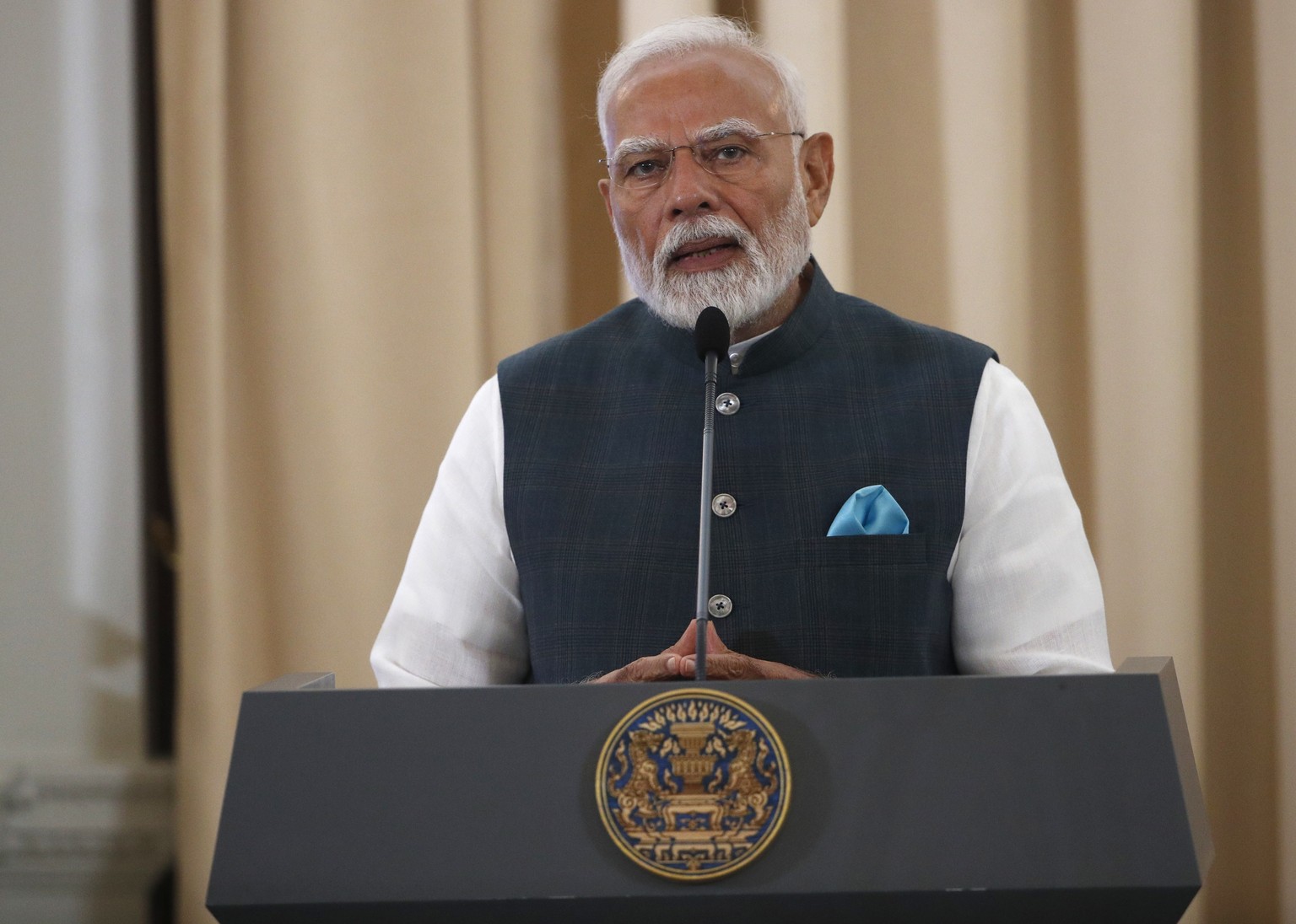 epa12007205 India&#039;s Prime Minister Narendra Modi speaks during a press conference with Thailand&#039;s Prime Minister Paetongtarn Shinawatra (not pictured) at Government House in Bangkok, Thailan ...