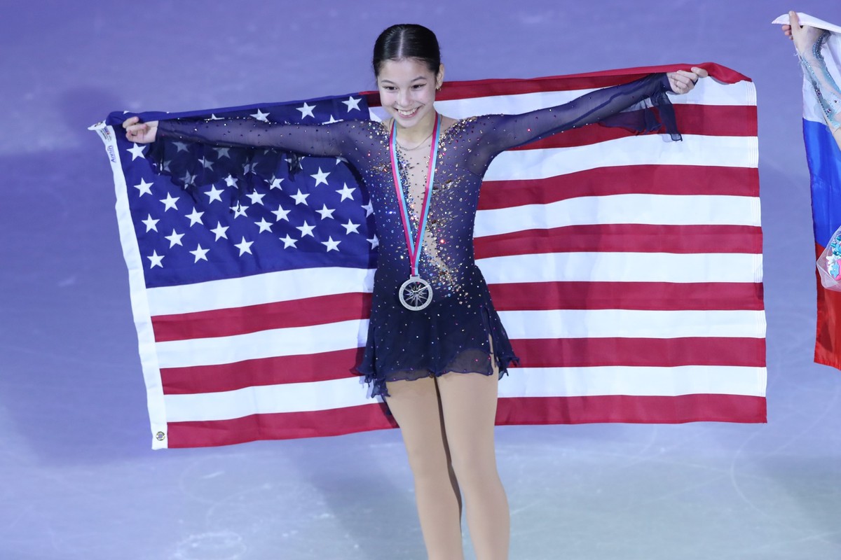 2nd placed United States Alysa Liu celebrates during the 2019 ISU Junior Grand Prix of Figure skating, Eiskunstlauf Final Women s Award Ceremony at Palavela, Torino, Italy, on December 6, 2019. Noxthi ...