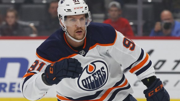 Edmonton Oilers&#039; Gaetan Haas plays against the Detroit Red Wings in the first period of an NHL hockey game Tuesday, Oct. 29, 2019, in Detroit. (AP Photo/Paul Sancya)