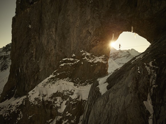 IMAGE DISTRIBUTED FOR MAMMUT - In this image released on Thursday, Sept. 29th, 2016, Mammut Pro Team athlete Stephan Siegrist is seen during his highline crossing of the Martinsloch, a geographical fo ...