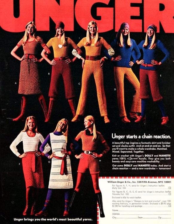 Die 1970er – als Häkeln und Stricken sexy waren. 
https://flashbak.com/yarnvertising-diy-fashion-adverts-of-the-1970s-25787/