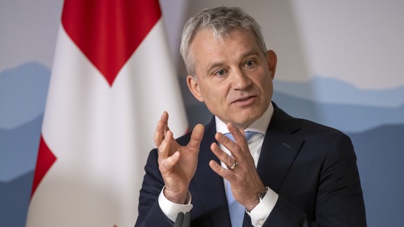 Beat Jans (Vorsteher des Eidgenoessischen Justiz- und Polizeidepartementes der Schweiz) an einer Medienkonferenz in Basel, am Montag, 22. April 2024. Die Schweiz war dieses Jahr Gastgeberin des Arbeit ...