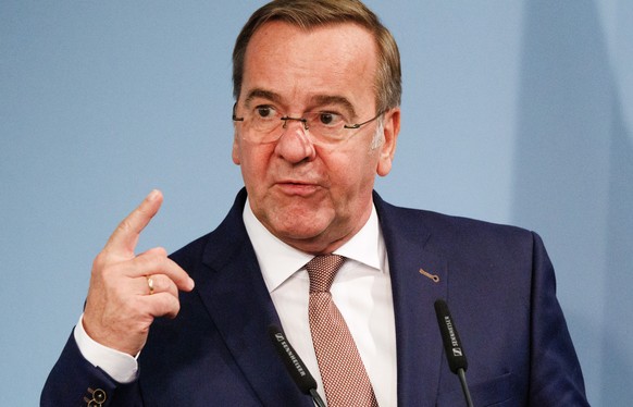 epa12423434 German Defense Minister Boris Pistorius speaks during a press conference with Swiss Federal Councilor Martin Pfister (not in picture) at the defense ministry in Berlin, Germany, 02 October ...