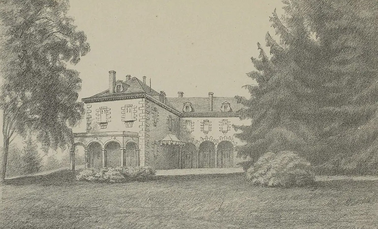Das Château des Bois der Familie Turrettini. Lithografie von 1877.
https://www.bge-geneve.ch/iconographie/oeuvre/vg-2515-04