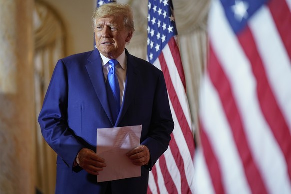FILE - Former President Donald Trump arrives to speak at Mar-a-lago on Election Day, Nov. 8, 2022, in Palm Beach, Fla. Trump will be joined by two of his highest-profile South Carolina supporters at t ...