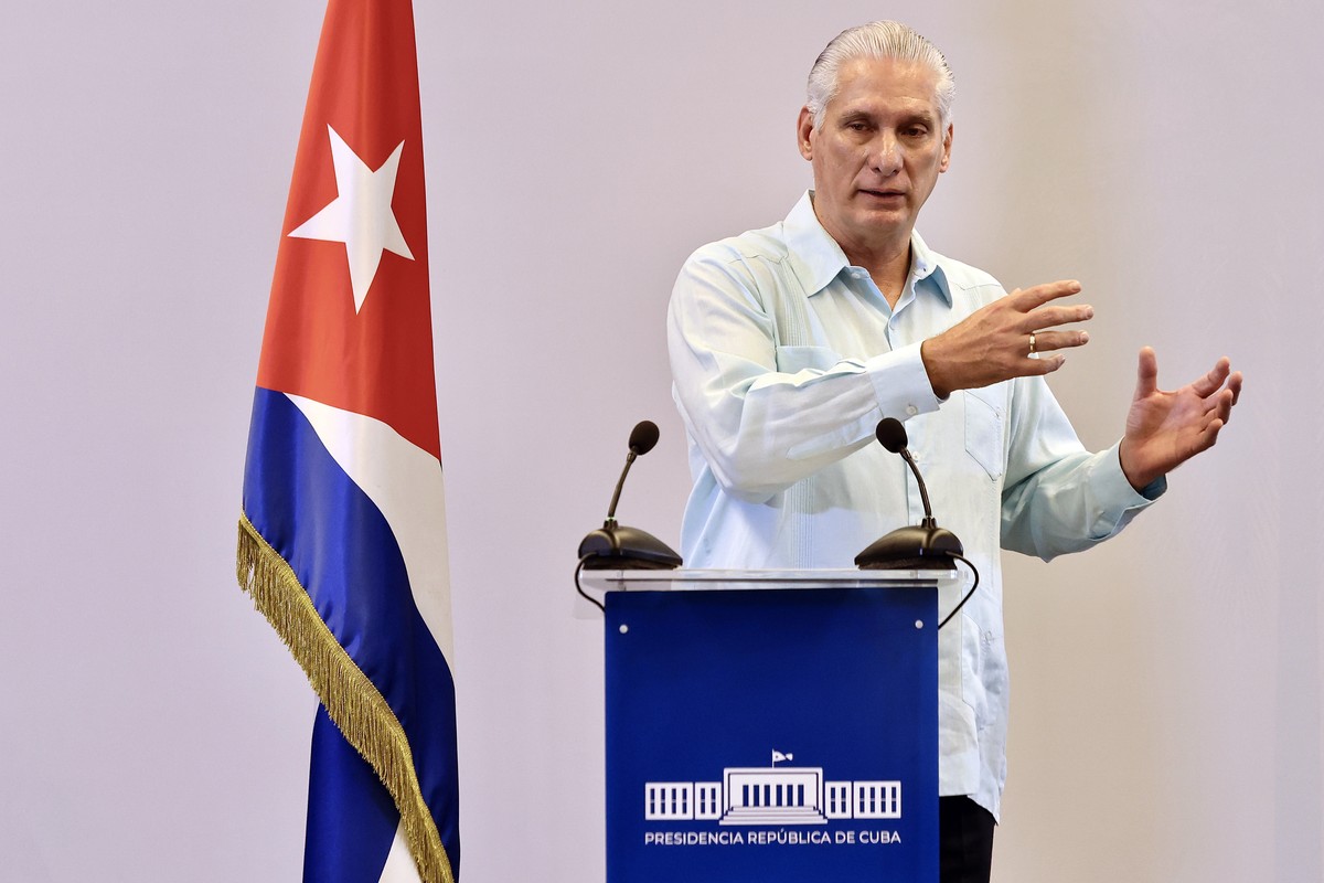 epa12817414 A handout photo made available by the Office of the President of Cuba showing Cuban President Miguel Diaz-Canel speaking during a press conference in Havana, Cuba, 13 March 2026. The Cuban ...