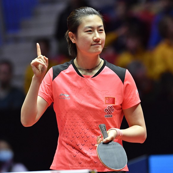 China&#039;s Ding Ning gestures during her group A match against India&#039;s Mouma Das at the World Team Table Tennis Championships at Halmstad Arena in Halmstad, Sweden, Sunday, April 29, 2018. (Jon ...