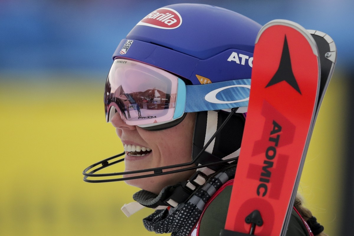 United States' Mikaela Shiffrin celebrates winning an alpine ski, women's World Cup slalom in Killington, Vt., Sunday, Dec.1, 2019. (AP Photo/Charles Krupa)