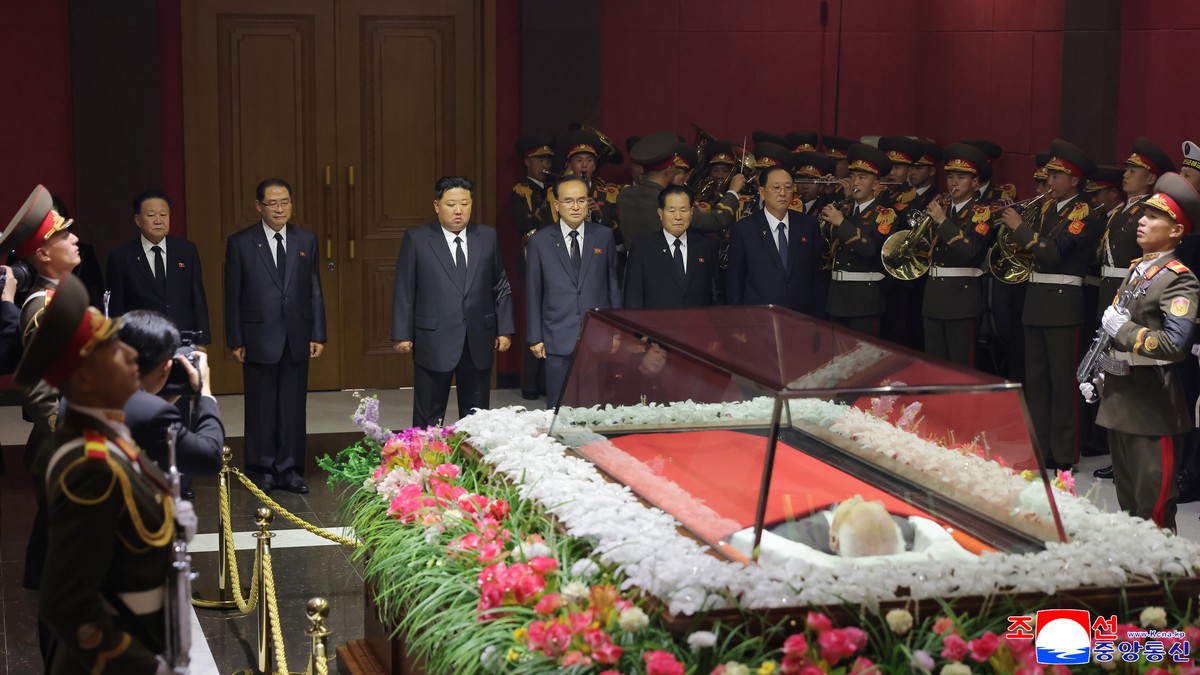 epa12501744 A photo released by the official North Korean Central News Agency (KCNA) shows North Korean leader Kim Jong Un offers condolences at the coffin of former ceremonial head of state Kim Yong  ...