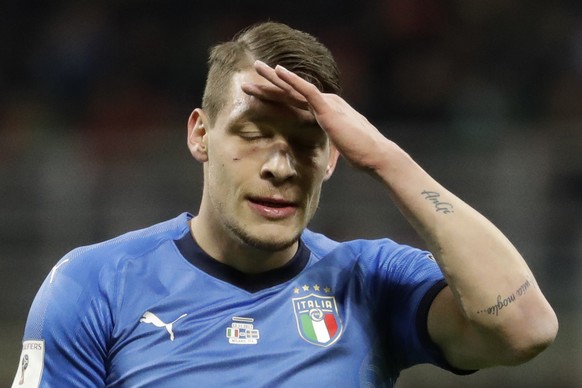 Italy&#039;s Andrea Belotti reacts after a missed chance during the World Cup qualifying play-off second leg soccer match between Italy and Sweden, at the Milan San Siro stadium, Italy, Monday, Nov. 1 ...