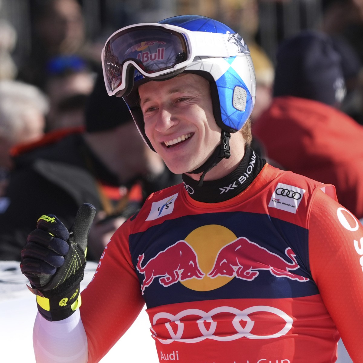 Switzerland's Marco Odermatt reacts after completing an alpine ski, men's World Cup downhill in Kitzb