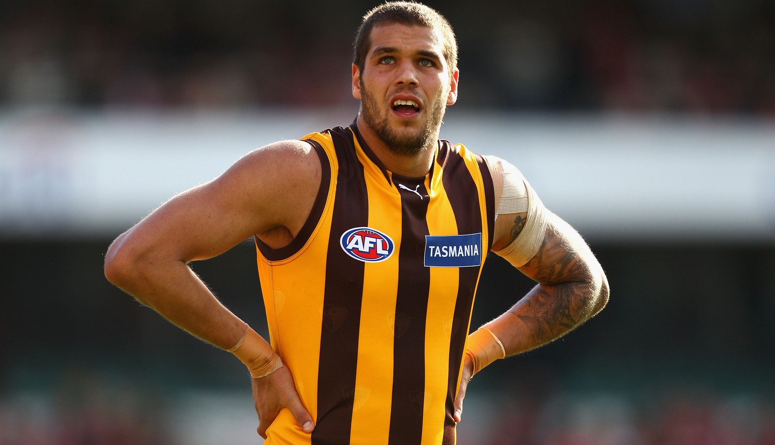 SYDNEY, AUSTRALIA - AUGUST 07: Lance Franklin of the Hawks looks dejected during the round 19 AFL match between the Sydney Swans and the Hawthorn Hawks at the Sydney Cricket Ground on August 7, 2010 i ...