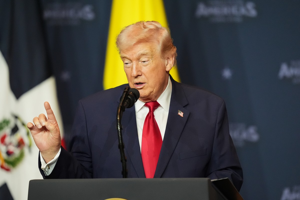 President Donald Trump speaks at the Shield of the Americas Summit, Saturday, March 7, 2026, at Trump National Doral Miami in Doral, Fla. (AP Photo/Rebecca Blackwell)
Donald Trump