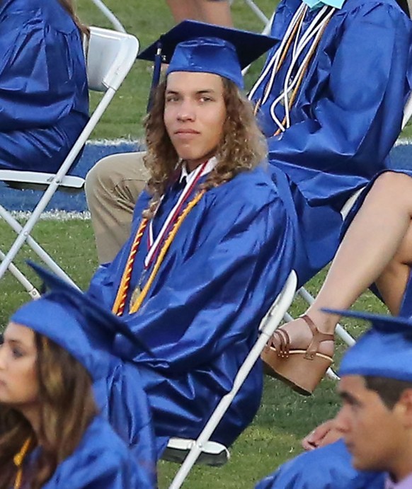 51757476 Arnold Schwarzenegger's love child Joseph Baena graduates from Frontier High School in Riverside, California on May 28, 2015. Arnold was not present for his son's graduation.  FameFlynet, Inc - ...
