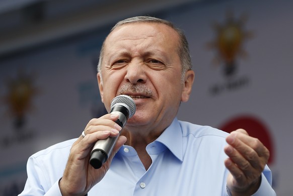 Turkey&#039;s President Recep Tayyip Erdogan gestures during an election rally of his ruling Justice and Development Party, or AKP, in Istanbul, Saturday, June 23, 2018. Turkish voters will vote Sunda ...