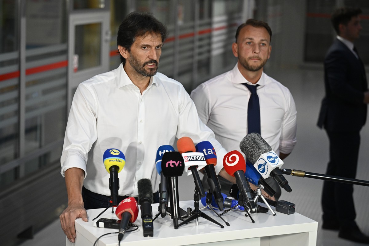 Deputy Prime Minister and Defence Minister of Slovakia Robert Kalinak speaks during a joint press conference with Slovakia's Interior Minister Matus Sutaj Estok, right, at the F. D. Roosevelt Uni ...