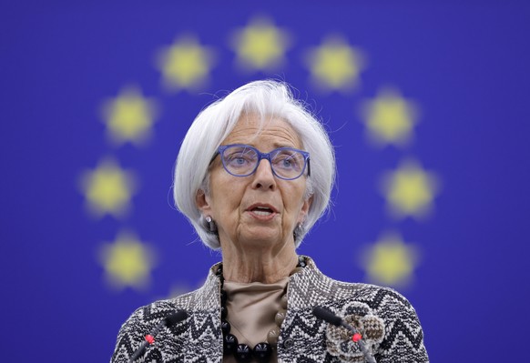epa11183141 European Central Bank (ECB) President Christine Lagarde speaks during a debate on ?European Central Bank ? annual report 2023&#039; at the European Parliament in Strasbourg, France, 26 Feb ...