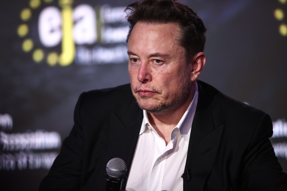epa11096685 US tech entrepreneur Elon Musk speaks during a symposium on anti-Semitism titled &#039;Never again: Lip Service or Deep Commitment&#039;, as part of an event organized by the European Jewi ...