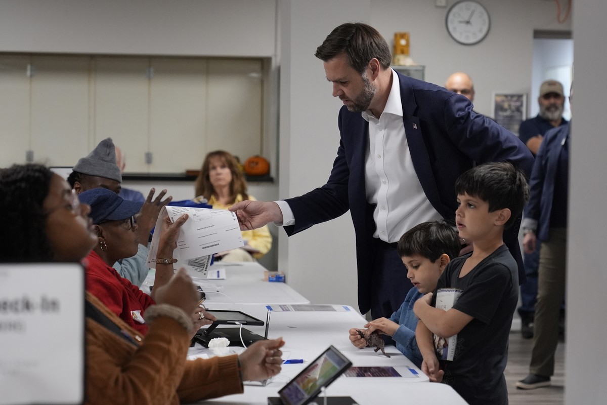 Republican vice presidential nominee Sen. JD Vance, R-Ohio, and children, arrives to vote at the St Anthony of Padua Maronite Catholic Church on election day, Tuesday, Nov. 5, 2024, in Cincinnati. (AP ...