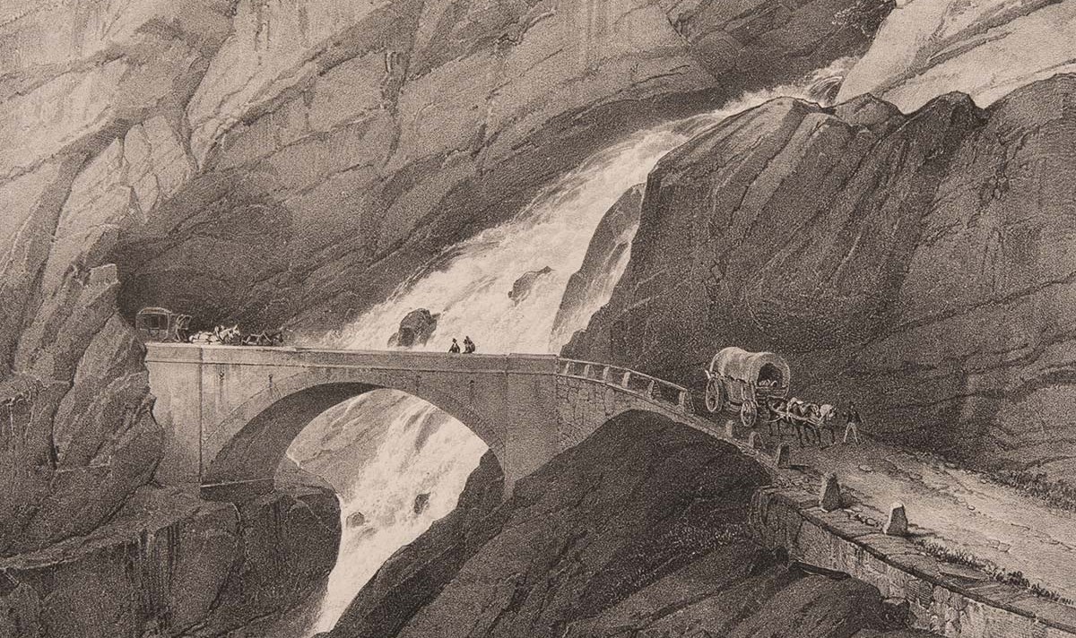 Kaspar Stockalpers Macht begann am Simplon und endete dort, als er über den Pass nach Domodossola ins Exil entfloh. Druckgrafik der Passstrasse aus dem frühen 19. Jahrhundert.
https://permalink.nation ...