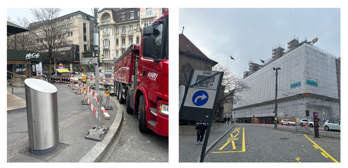 Lausanne: la place Chauderon (à gauche) et la place Saint-François (à droite), à 800m de distance.