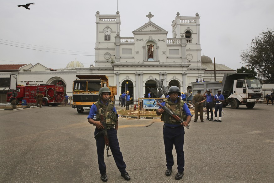 Sri Lankan Naval soldiers stand outside damaged St. Anthony&#039;s Church, in Colombo, Saturday, April 27, 2019. Sri Lankan security forces have found 15 bodies, including six children, after militant ...