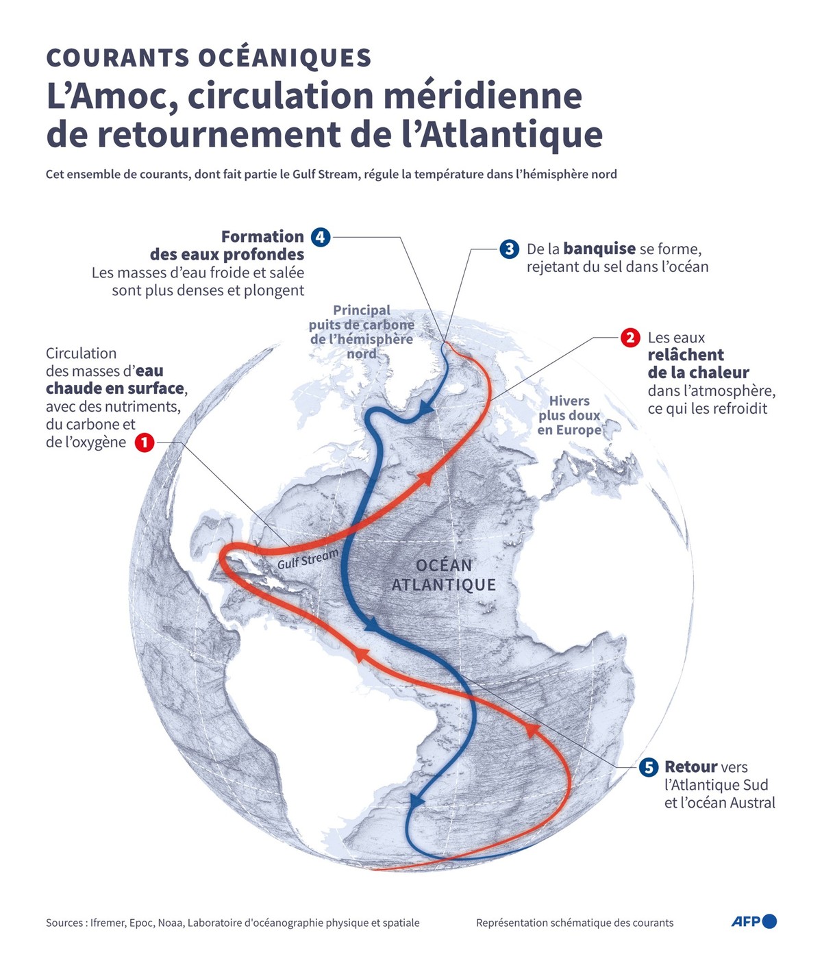 Présentation du fonctionnement et des principaux effets de la circulation méridienne de retournement de lAtlantique (Amoc), qui fait partie dun réseau mondial de courants océaniques.