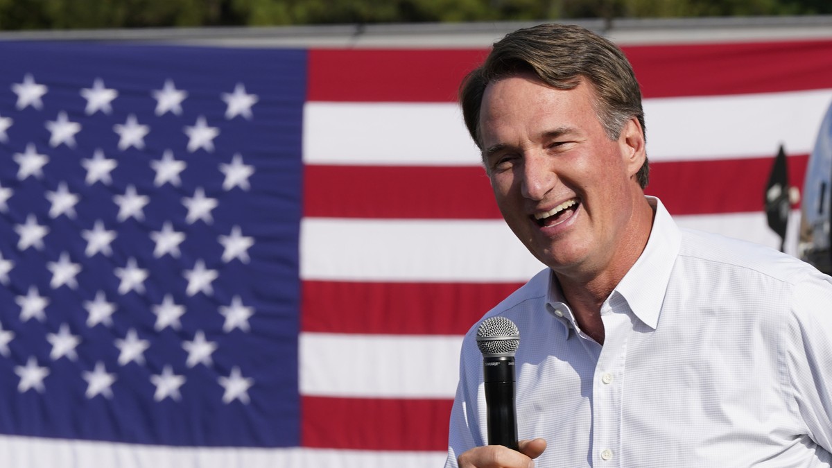 FILE - Virginia Gov. Glenn Youngkin addresses the crowd during an early voting rally, Sep. 21, 2023, in Petersburg, Va. Virginia's closely watched legislative campaign cycle closes out Tuesday, N ...