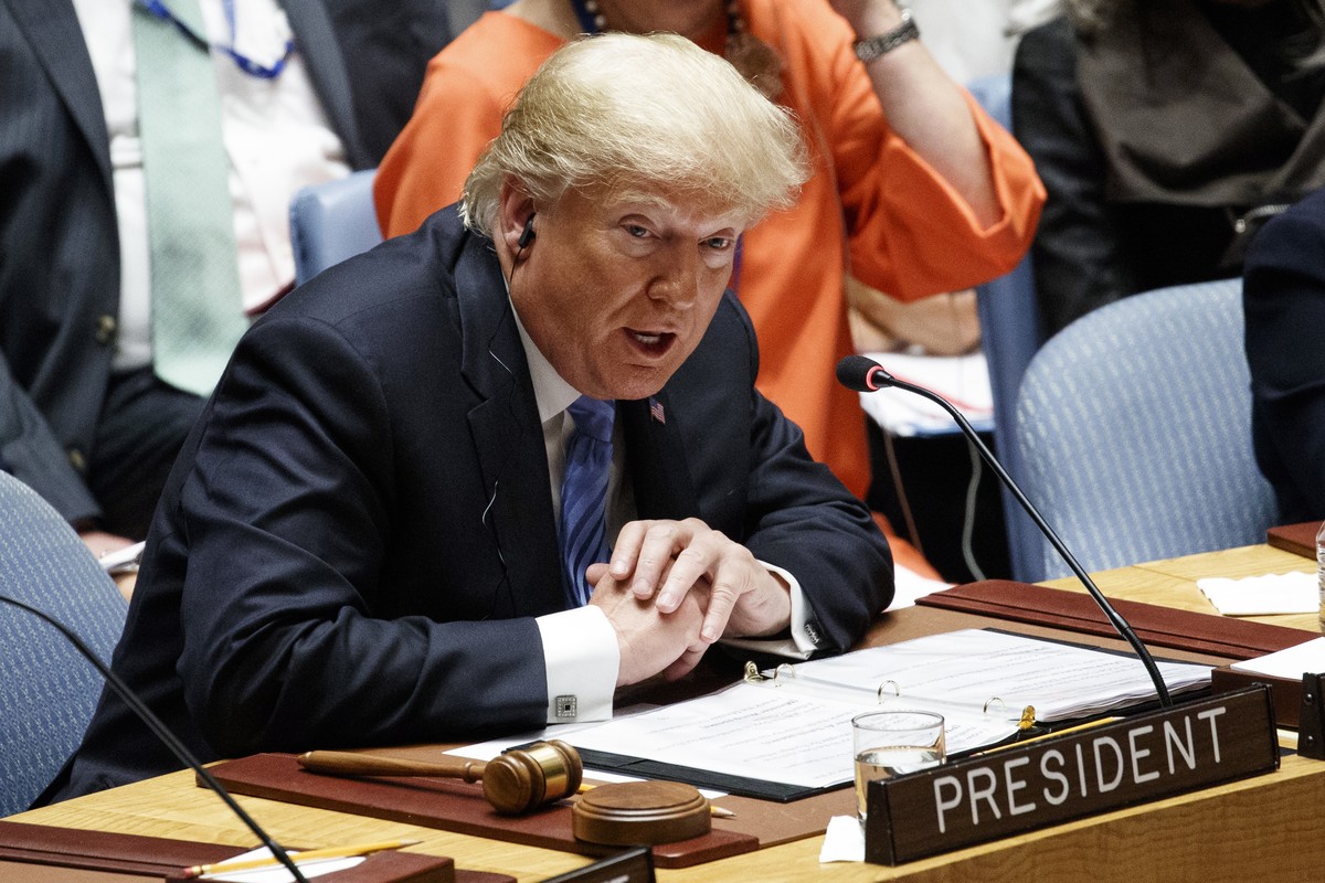 President Donald Trump participates in a United Nations Security Council briefing on counterproliferation at the United Nations General Assembly, Wednesday, Sept. 26, 2018, at U.N. Headquarters. (AP P ...