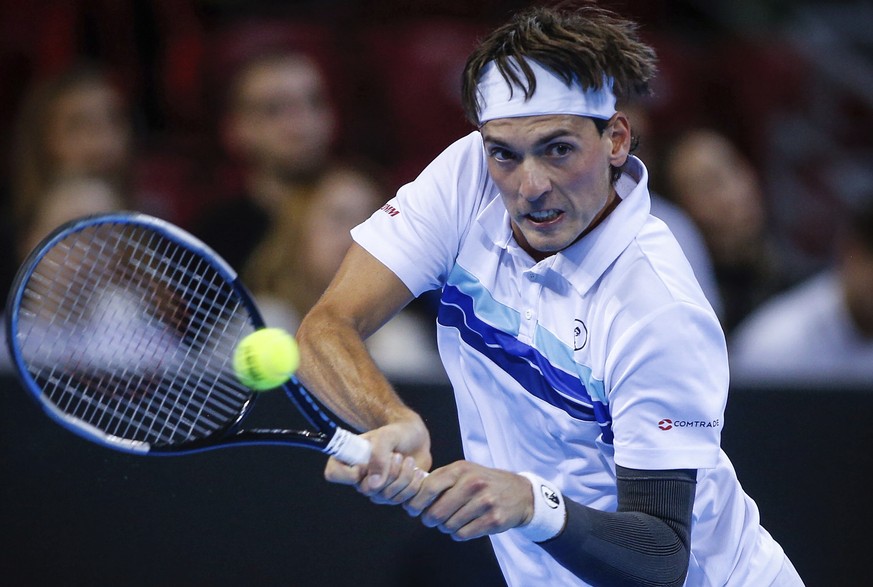 Switzerland&#039;s Marc-Andrea Huesler returns a shot during his match against Holger Rune from Denmark at the final of the 2022 Sofia Open ATP 250 tennis tournament in Sofia, Bulgaria, Sunday, Oct. 2 ...