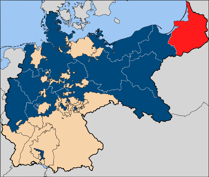 Die Situation vor dem Ersten Weltkrieg: Ostpreussen (rot) und das restliche Preussen (blau) im Deutschen Reich.