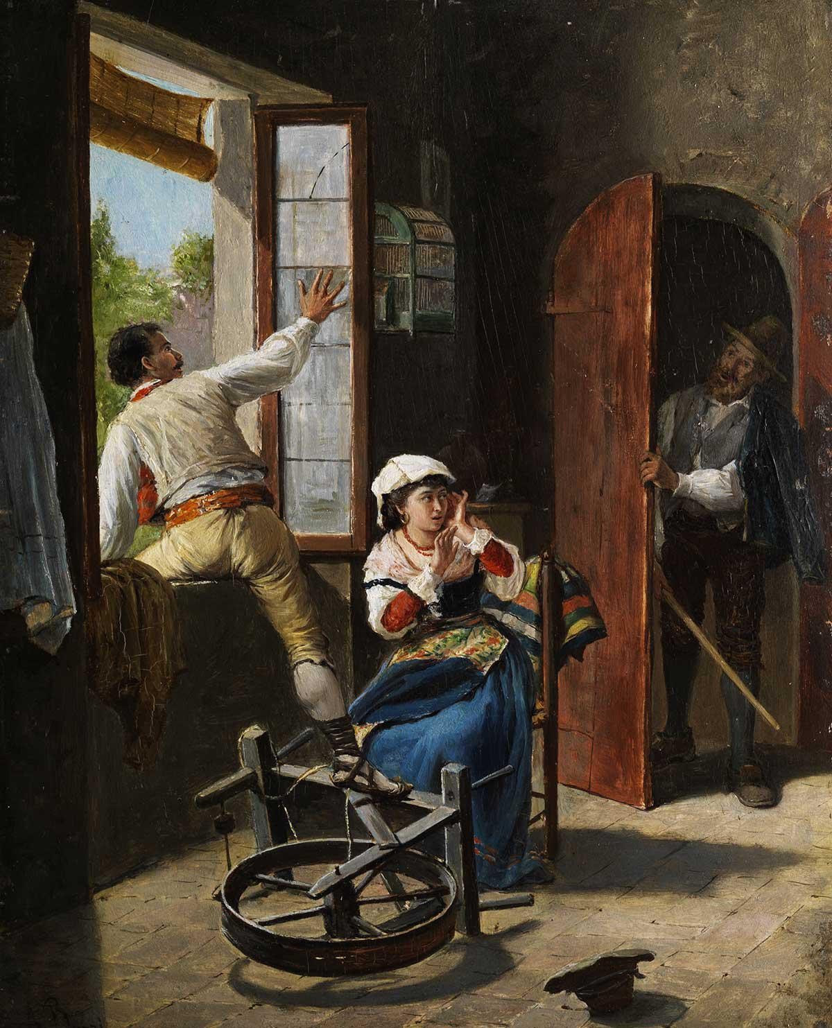 Der fliehende Liebhaber, gemalt von Achille Buzzi, 19. Jahrhundert.
https://de.wikipedia.org/wiki/Datei:A_Buzzi_Der_fliehende_Liebhaber.jpg